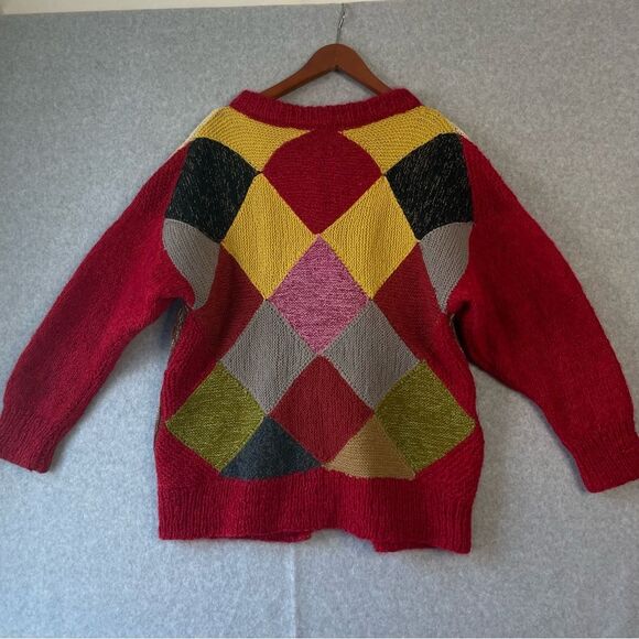 VIntage Hand Knit Patchwork  Cardigan Sweater Mohair Blend sz.L/XL #KK - Picture 3 of 7